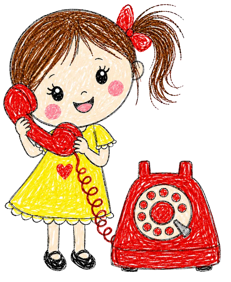 Bela, a hand-drawn character holding a red rotary phone